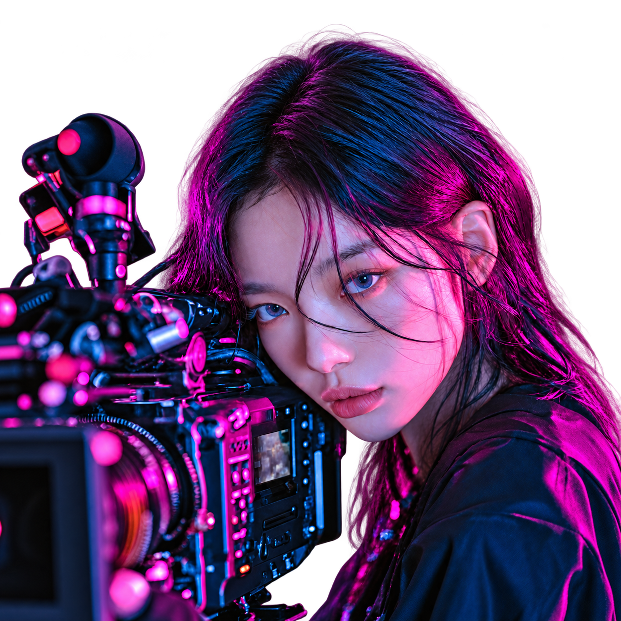 보라·핑크 조명 아래 영화용 카메라와 함께 있는 제작자
