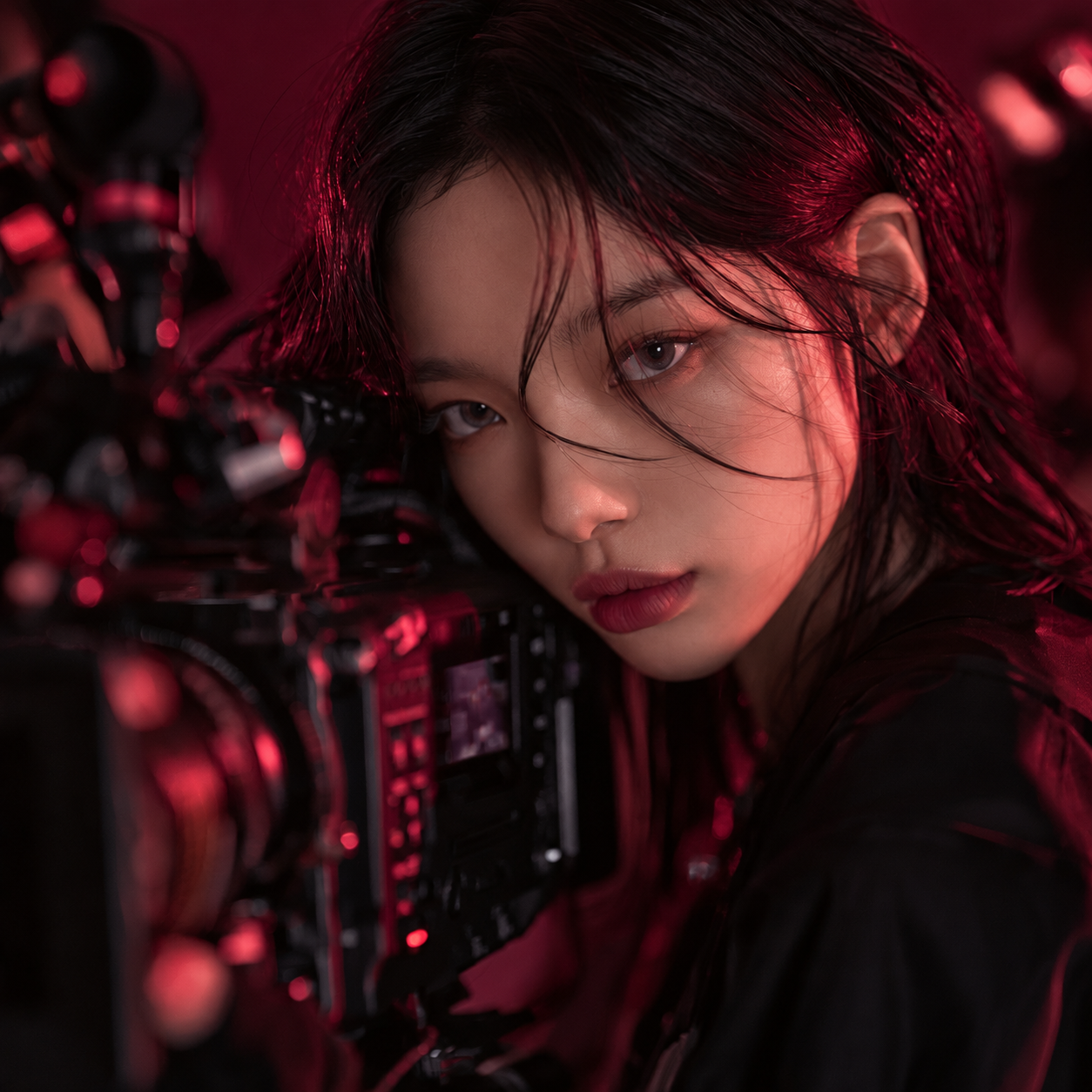 영화용 카메라와 함께 있는 여성 제작자